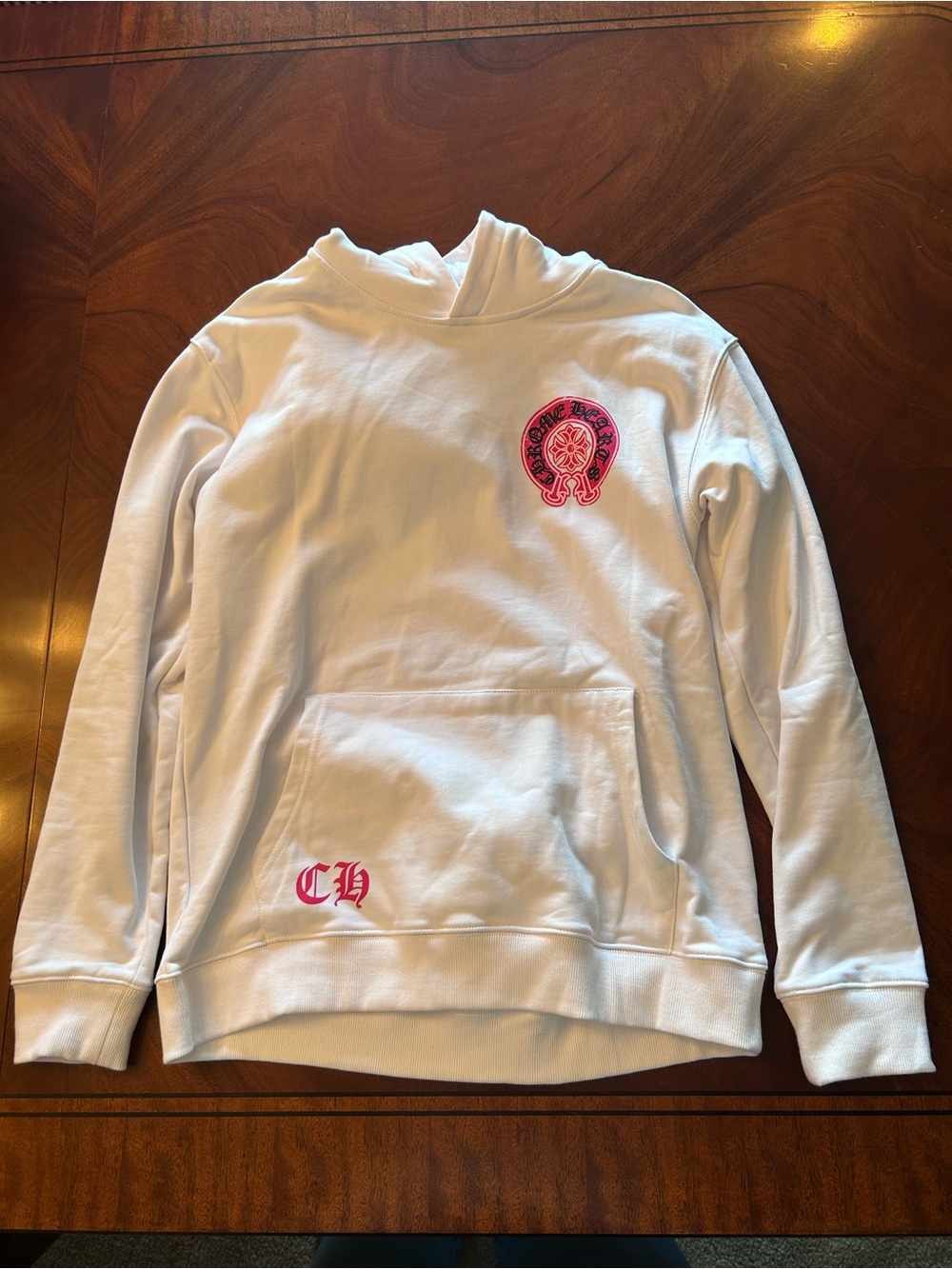 Chrome Hearts White Crewneck Hoodie with Pink Crest and CH NWT